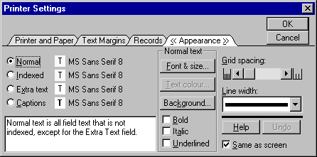 Printer Appearance screen