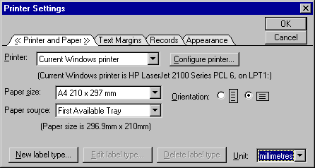 Printer Settings screen