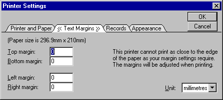 Text Margins screen